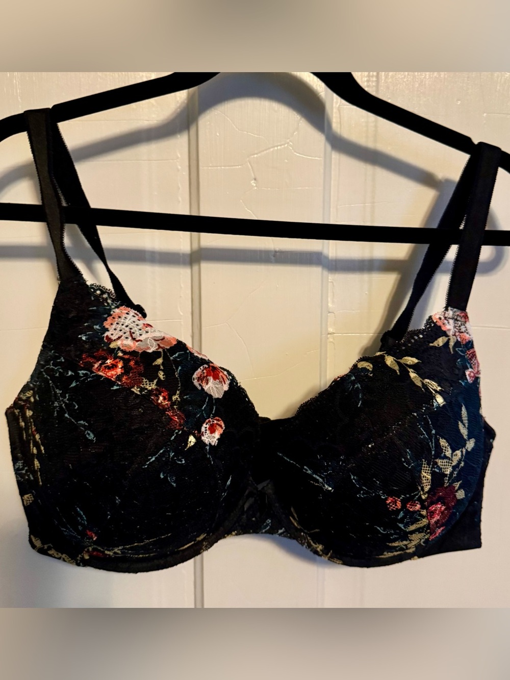 torrid Black Lace Bra with Red & Pink Floral Embroidery